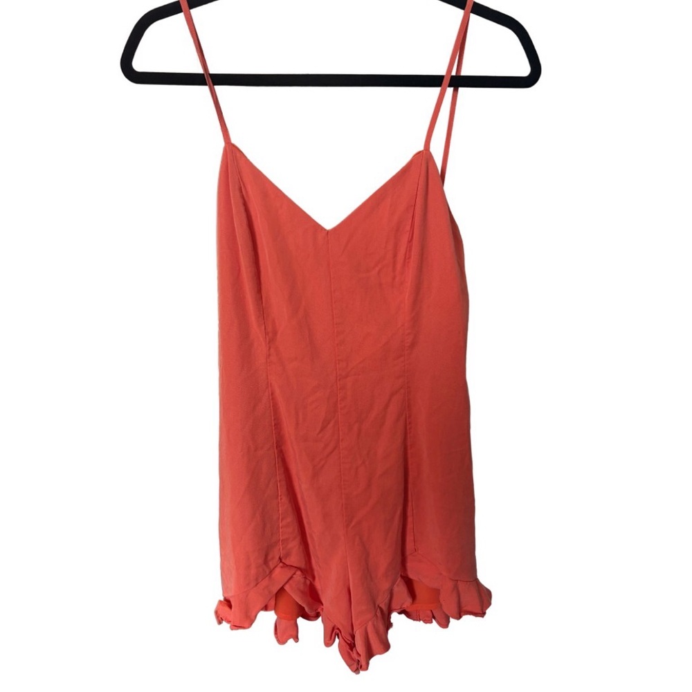 NBD Coral Tencel Romper XS | Ruffle Hem Cami Straps Flowy
